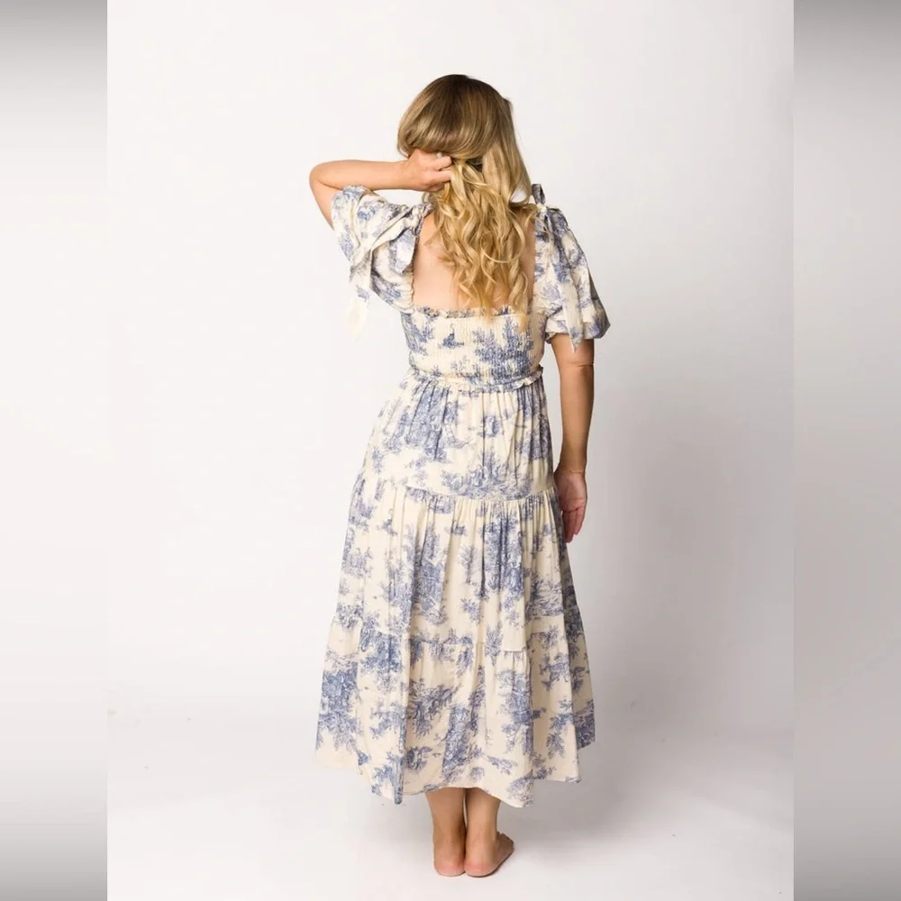 Chic Blue and Cream Midi Dress - Picture 3 of 4